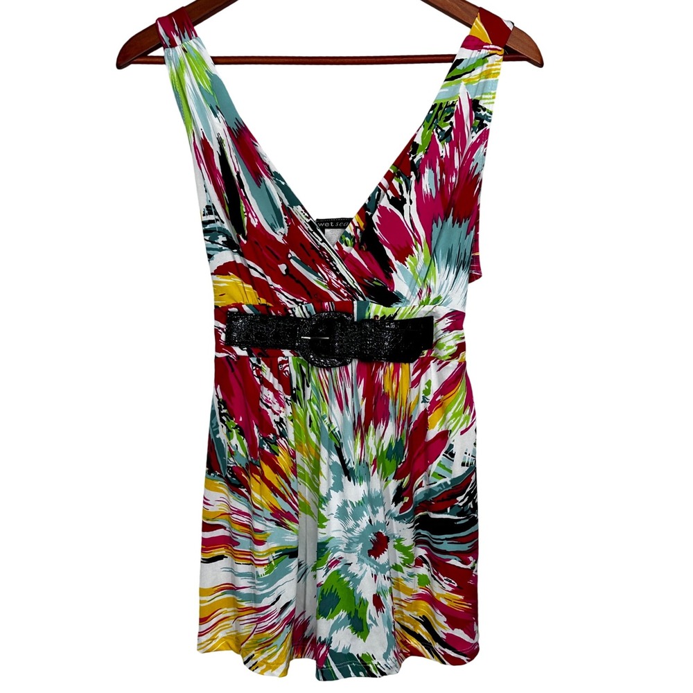 Wet Seal Bright Retro Colors Tank Top Faux Front Belt‎ Tie in Back Women's XL